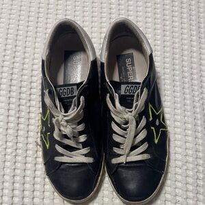Golden Goose Black Leather Sneakers with Neon Yellow Star